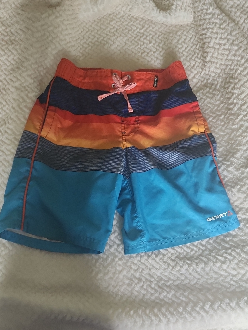 Gerry Coral Red Orange And Blue Swim Shorts with Gray Lining Boys Size Small 7/8